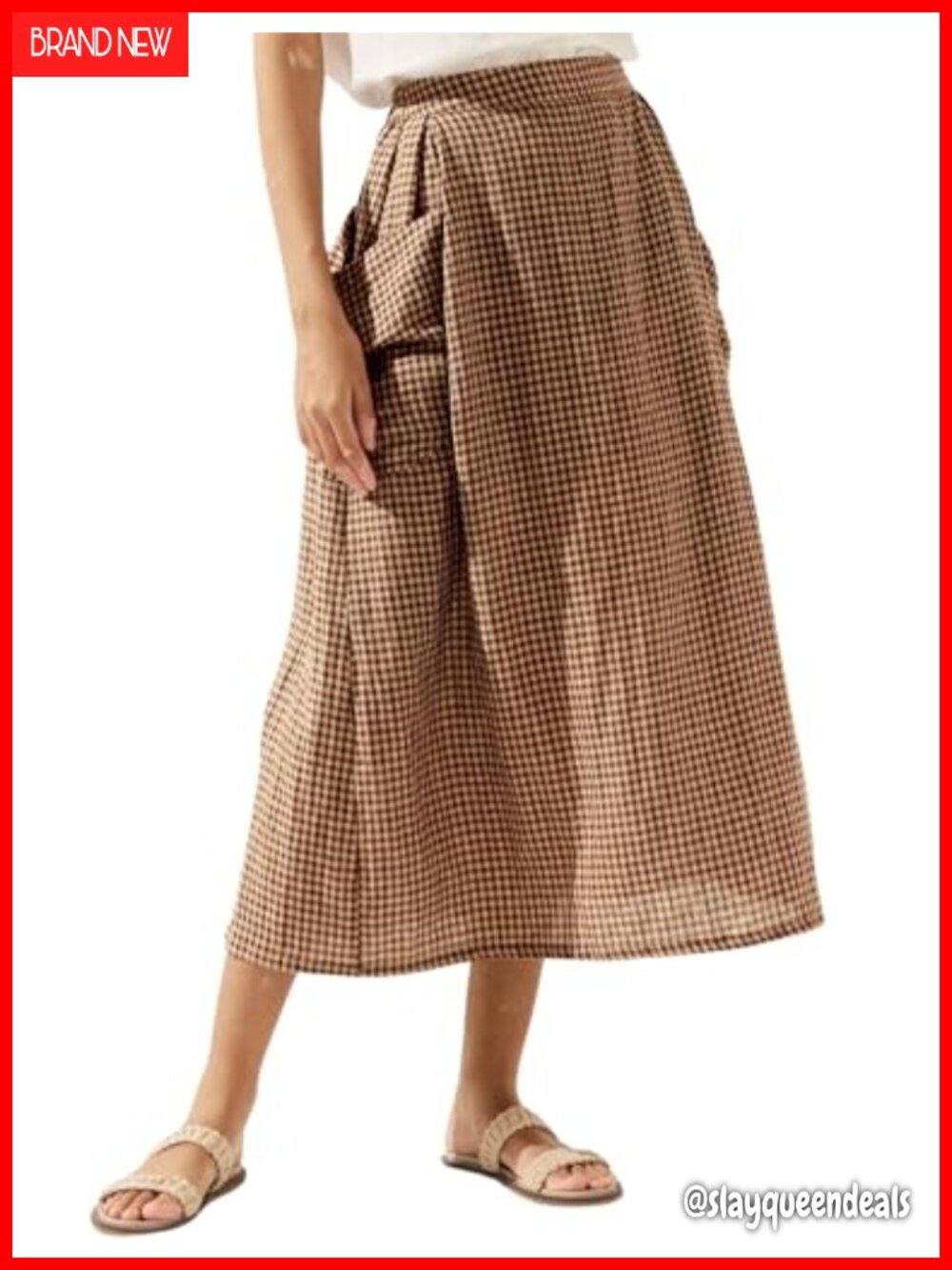 Women's Plaid Midi Skirt Elastic Waist A-Line with Pockets Cotton Blend